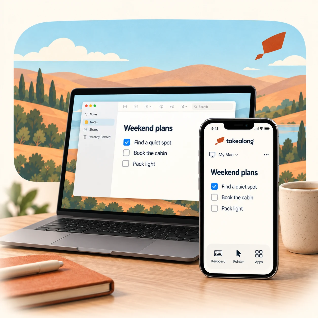 Illustration of a MacBook and iPhone showing the same weekend checklist, with a kite over sunny hills.